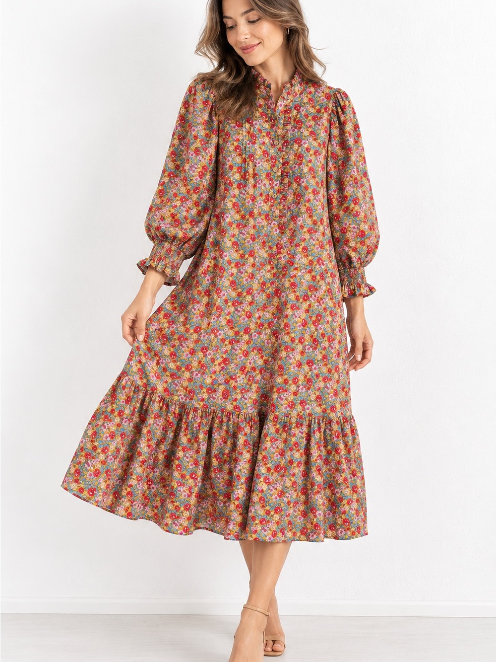 Easel Floral Ruffle Neck Midi Dress Puff Sleeve Boho Cottagecore